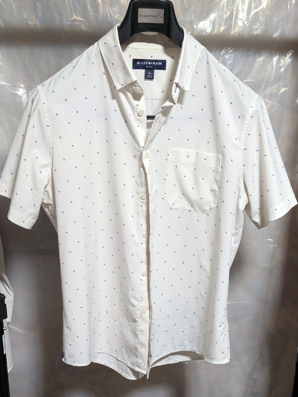 Mizzen+Main White Short Sleeve Button-Down with Navy Micro Print